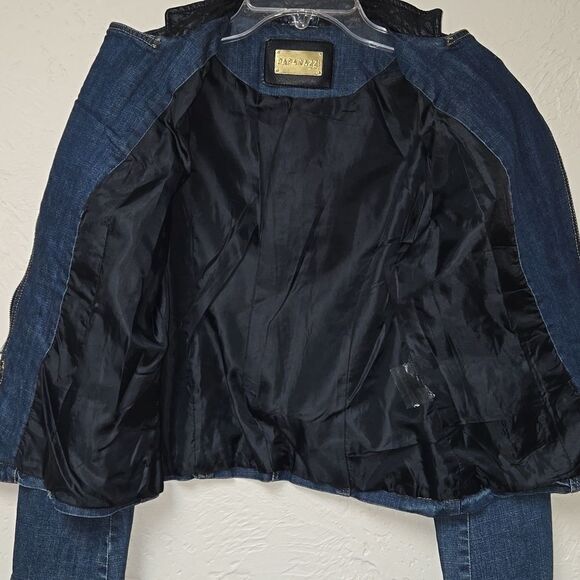 PAPARAZZI BY BIZ JEAN JACKET WITH BLACK FAUX LEATHER TRIM, SIZE MEDIUM - Picture 10 of 13